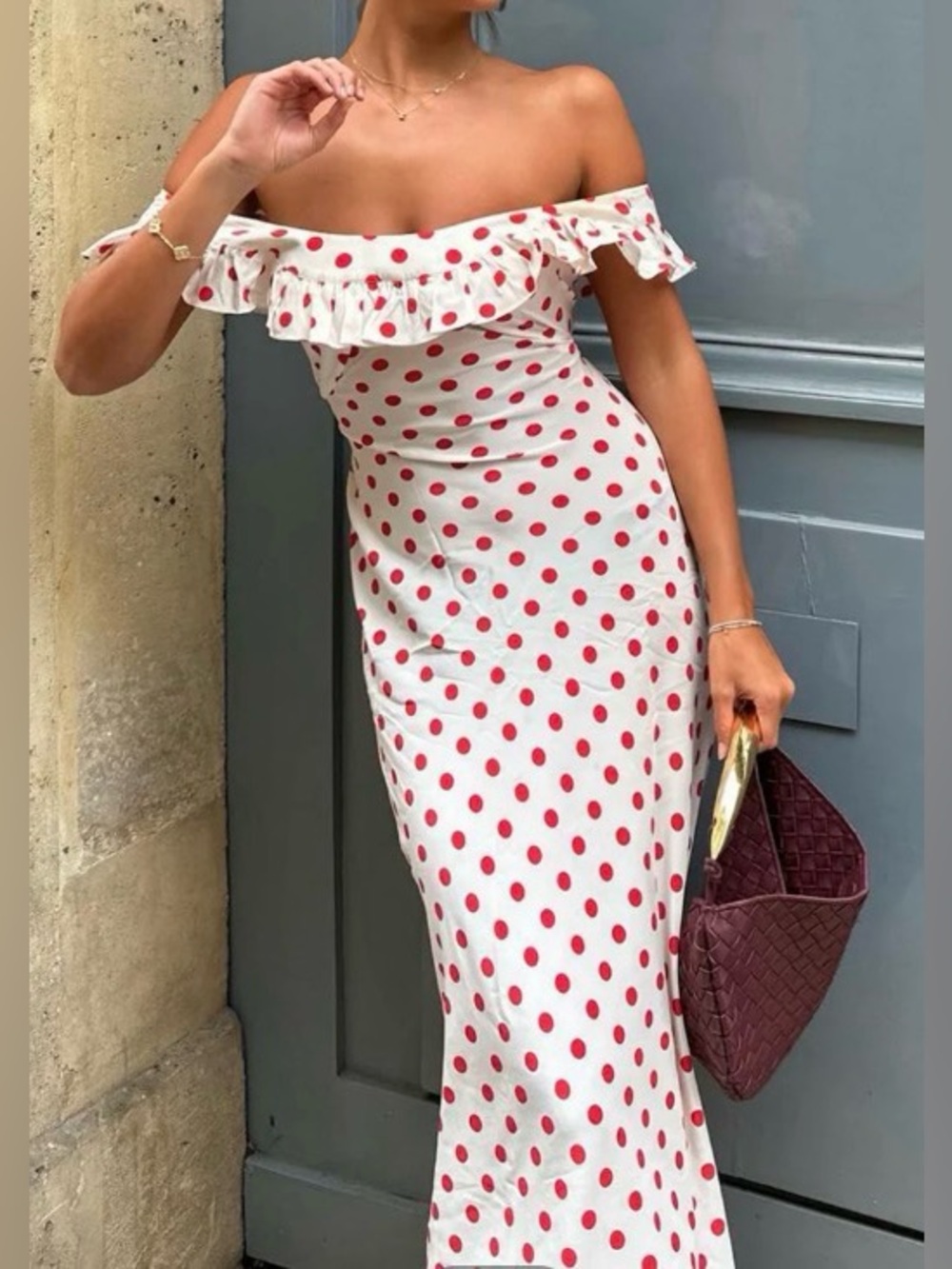 Like New Commense Off-Shoulder White Dress with Red Polka Dots